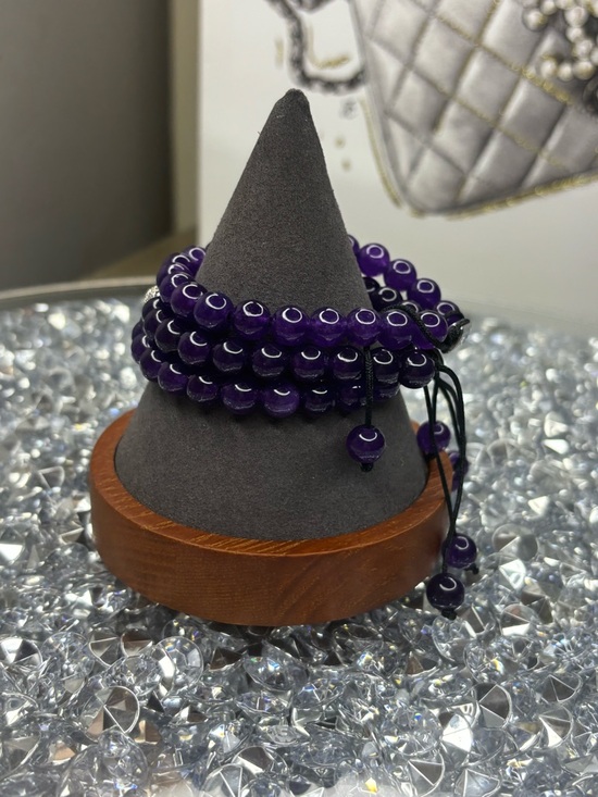 Purple Beaded Stretch Bracelet Stack with Pave Accent - Picture 4 of 8